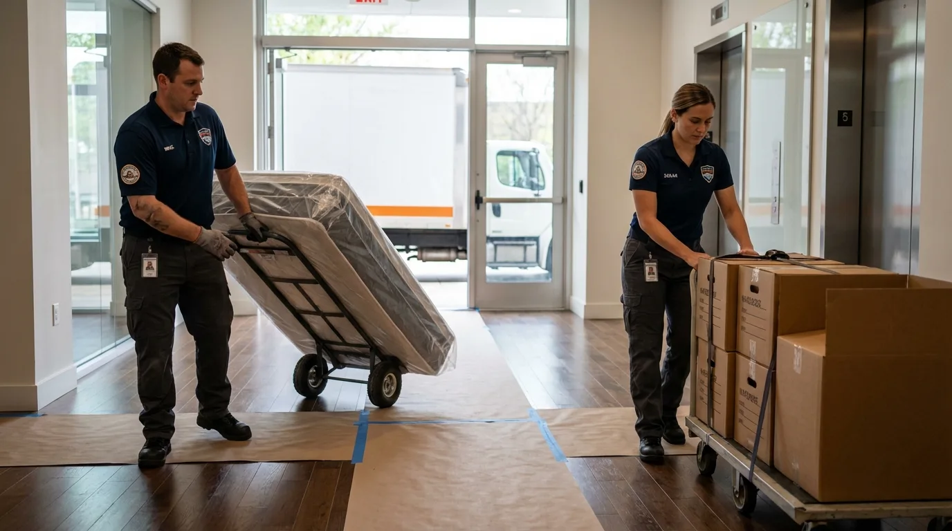 Professional apartment movers loading elevator in Pelham, NH