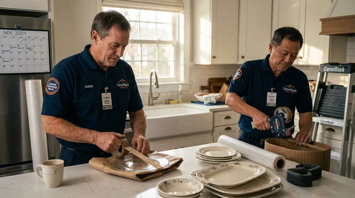 Professional crew packing kitchen dishware in Pelham, NH